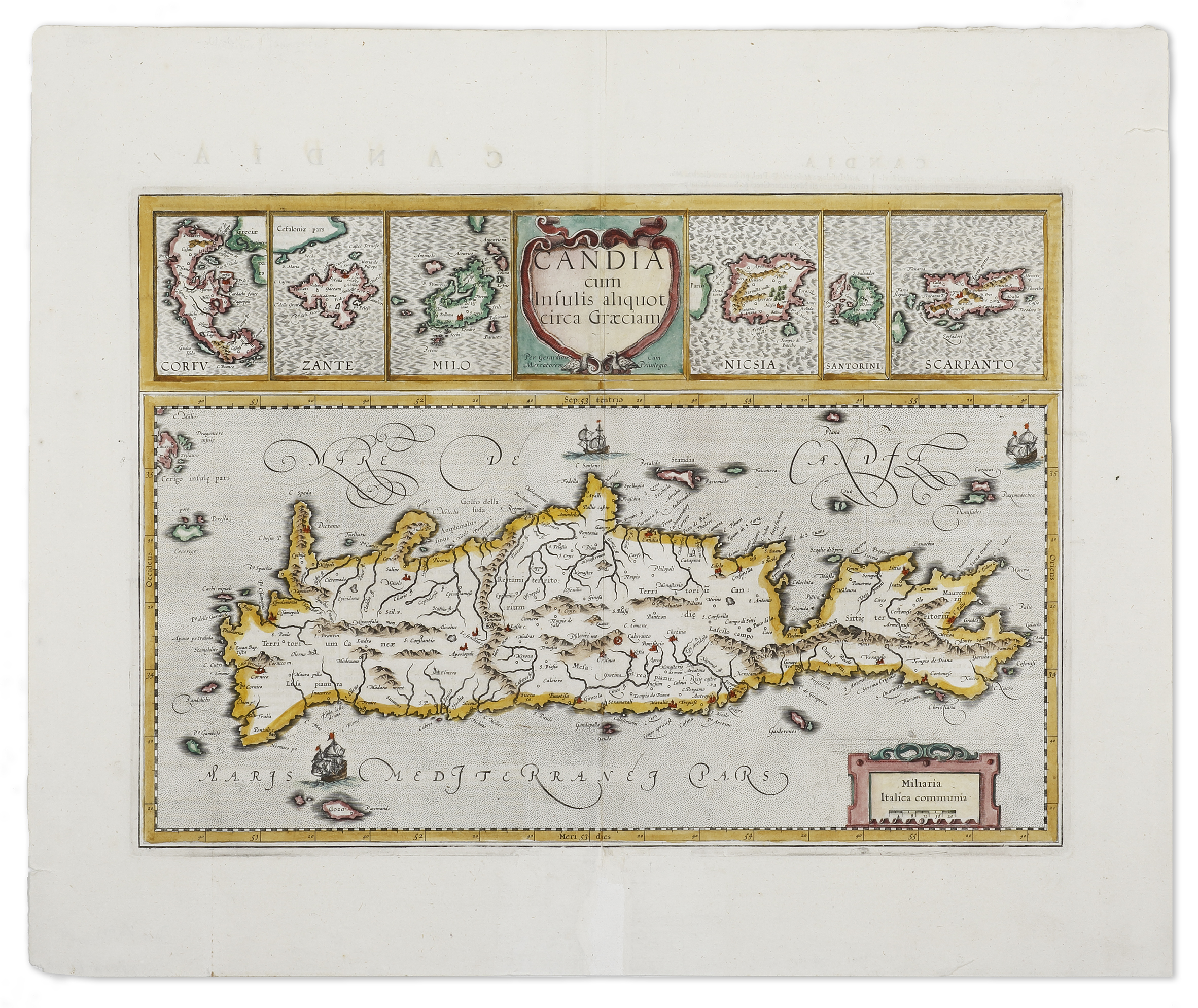 Candia cum Insulis aliquot circa Graecia / Corfu, … Greece, Balkans, Cyprus, Bulgaria, Albania, Macedonia Candia cum Insulis aliquot circa Graecia / Corfu, Zante, Milo, Nicsia, Santorini and Scarpanto - Antique Map from 1636