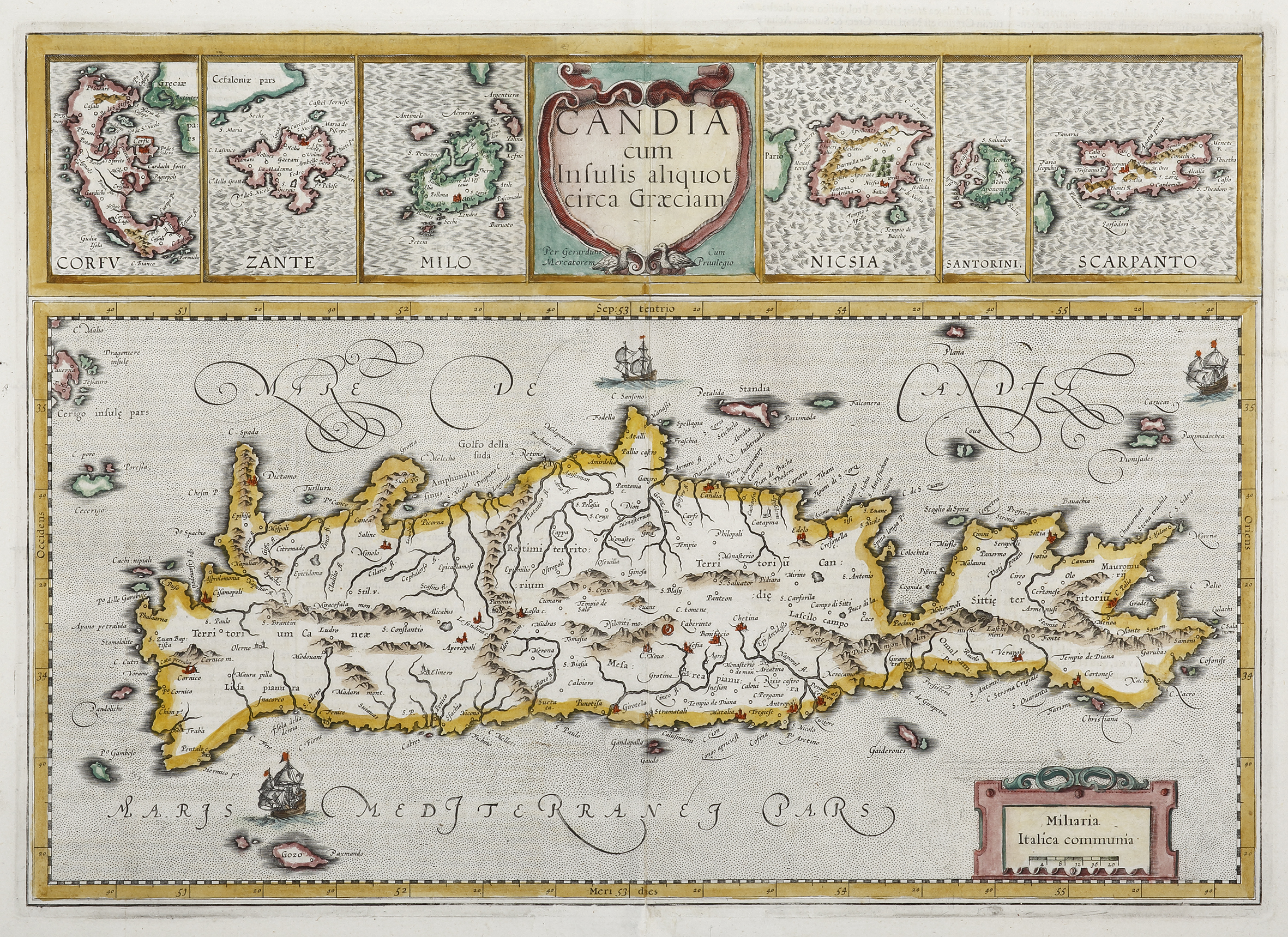 Candia cum Insulis aliquot circa Graecia / Corfu, … Greece, Balkans, Cyprus, Bulgaria, Albania, Macedonia Candia cum Insulis aliquot circa Graecia / Corfu, Zante, Milo, Nicsia, Santorini and Scarpanto - Antique Map from 1636