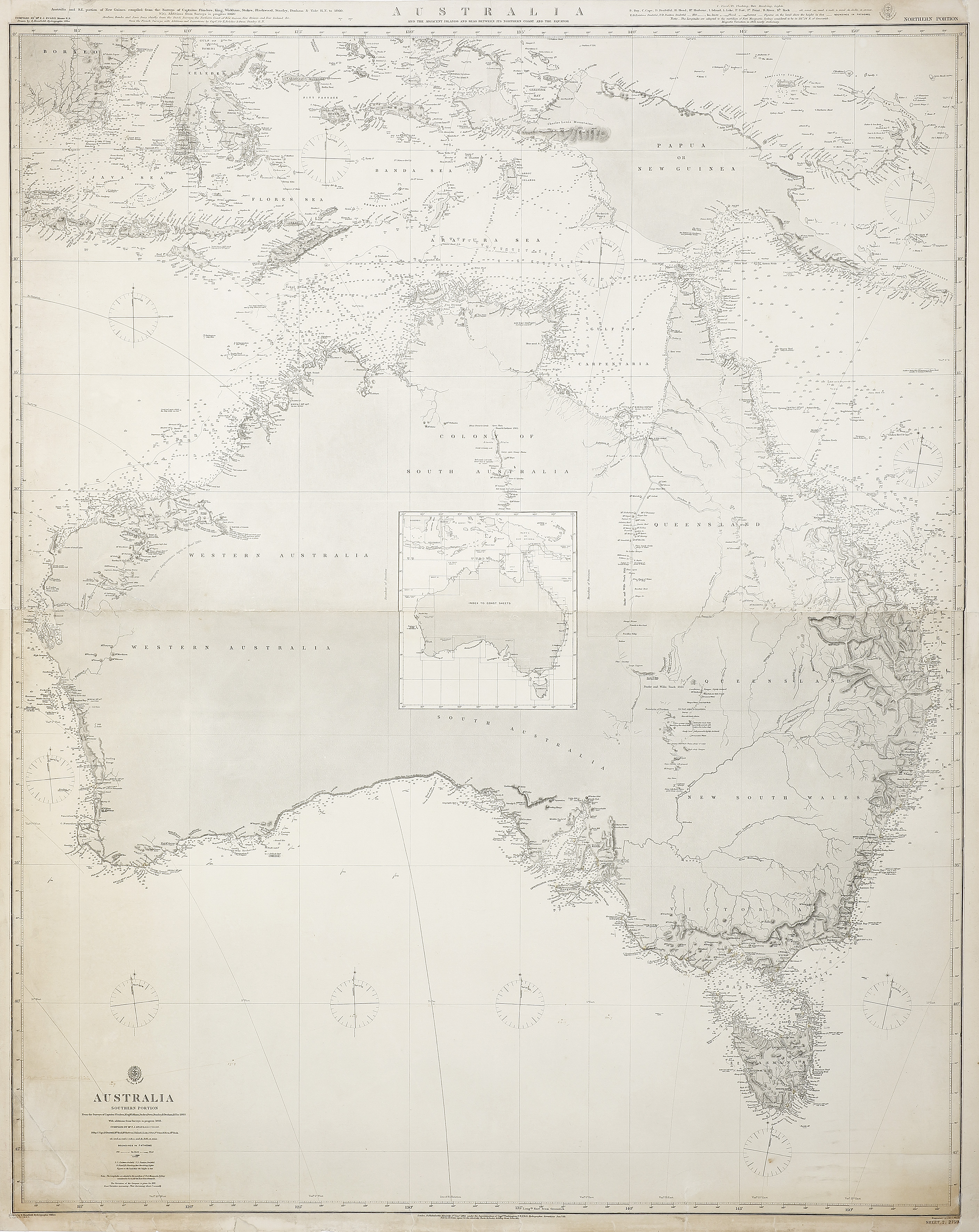 [AUSTRALIA] Australia and the Adjacent Islands and Seas Between its Northern Coast and the Equator. - Antique Map from 1874