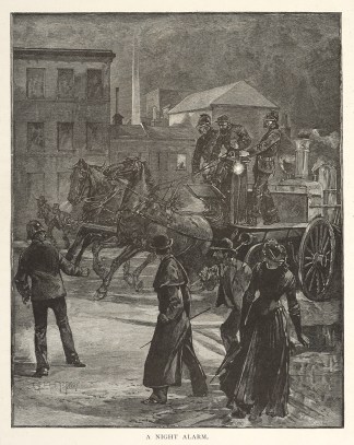 A Night Alarm. Fires, fire-fighting, firemen, equipment etc