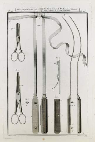 Art du Coutelier, Du Porte Fronde de Mr. Pean et des Ciseaux pour couper le coudon ombilical. - Antique Print from 1765