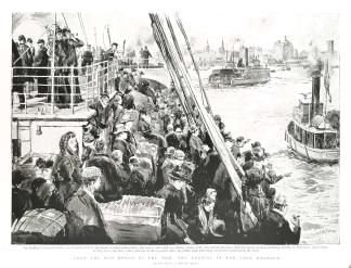 From the Old World to the New, the Arrival in New York Harbour. - Antique View from 1893