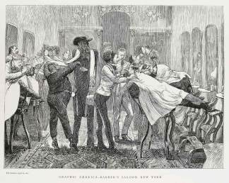 Graphic America - Barber's Saloon, New York. - Antique Print from 1870