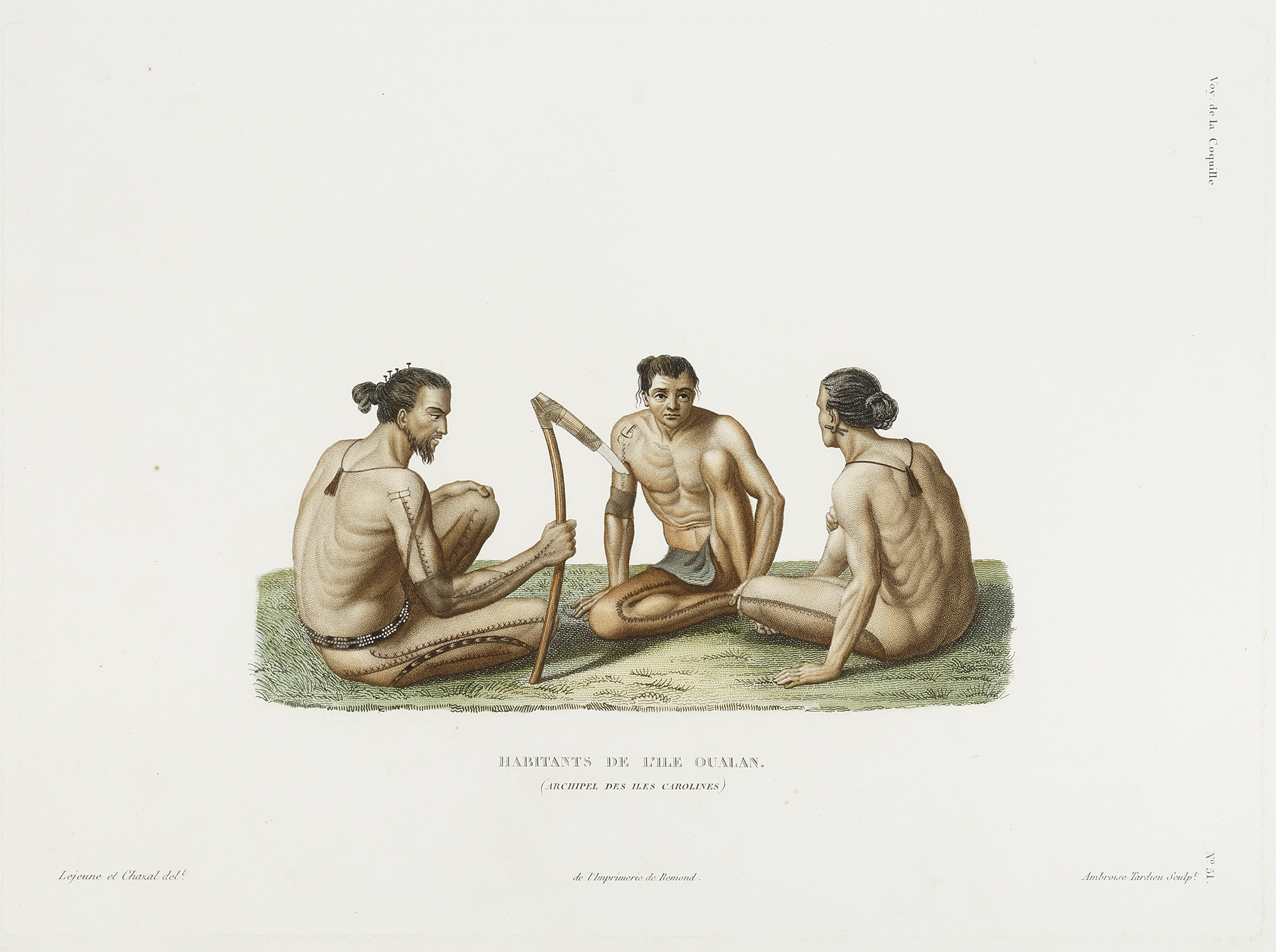 Habitants des Ile Oulan. (Archipel des Iles Carolines) - Antique Print from 1826