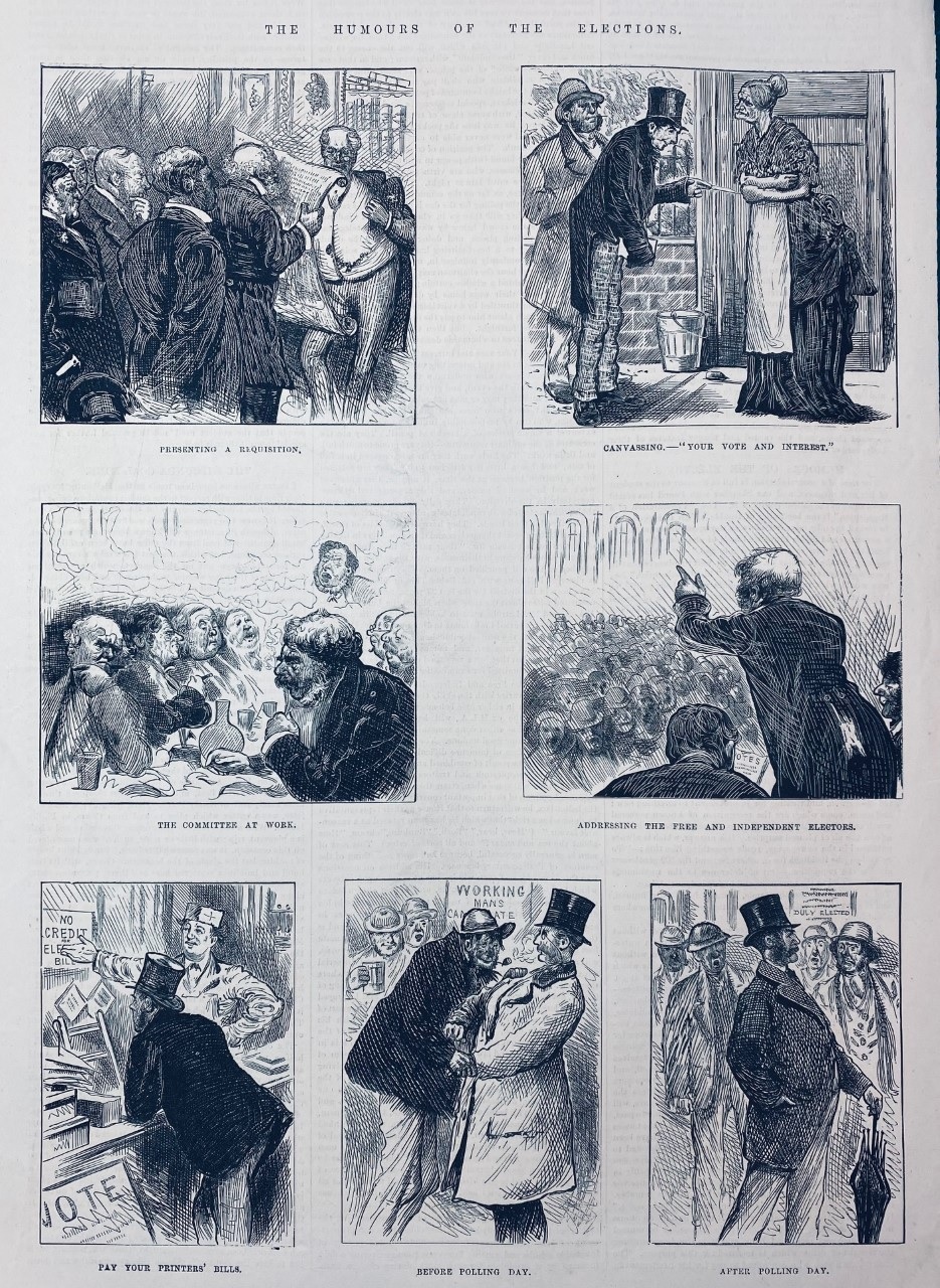 The Humours of the Elections. - Antique Print from 1874