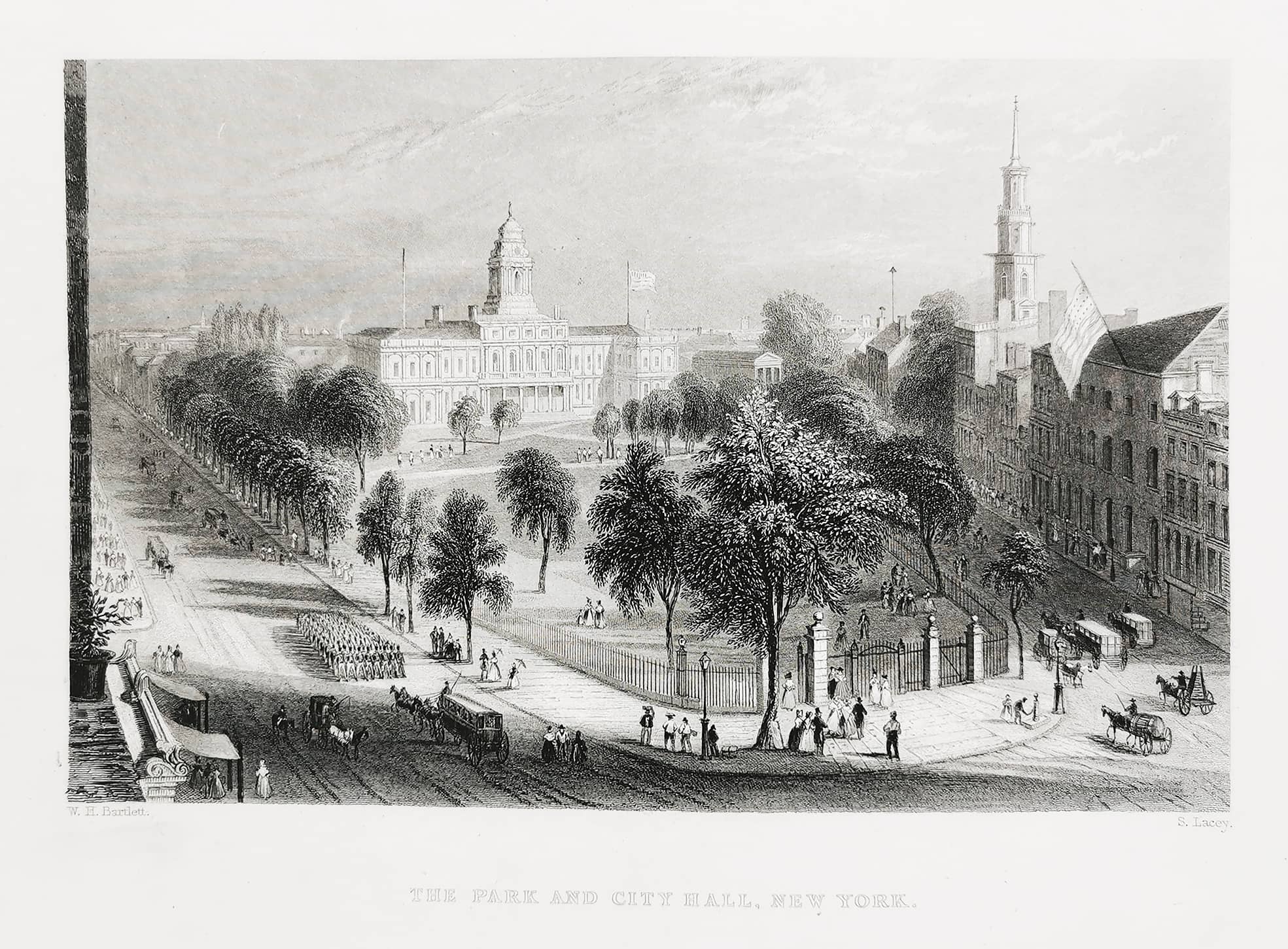 The Park and City Hall, New York. - Antique View from 1845