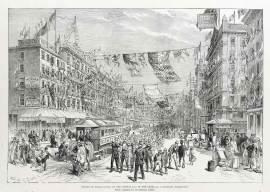 Street in Philadelphia on the opening day of the American Centennial Exhibition. - Antique View from 1876