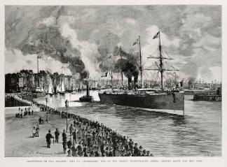 Competition on the Atlantic, the SS"Bourgogne," one of the French Transatlantic Liners, leaving Havre for New York. - Antique View from 1892