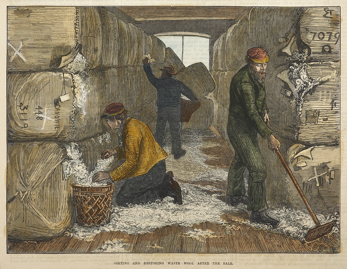 Sorting and Restoring Waste Wool After the Sale. - Antique Print from 1874