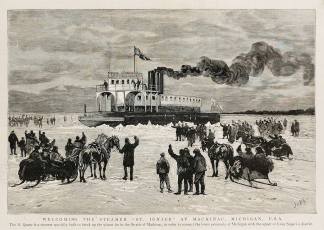 Welcoming the Steamer "St. Ignace" at Mackinac, Michigan, U. S. A. - Antique View from 1889