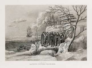 Landing of the Pilgrims. - Antique View from 1840