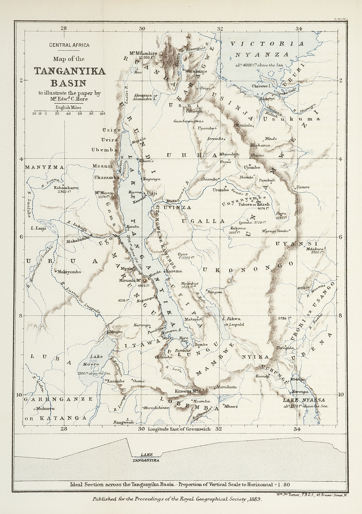 Map of the Tanganyika Basin to Illustrate the Paper by Mr. Edwd. C. Hore - Antique Map from 1889