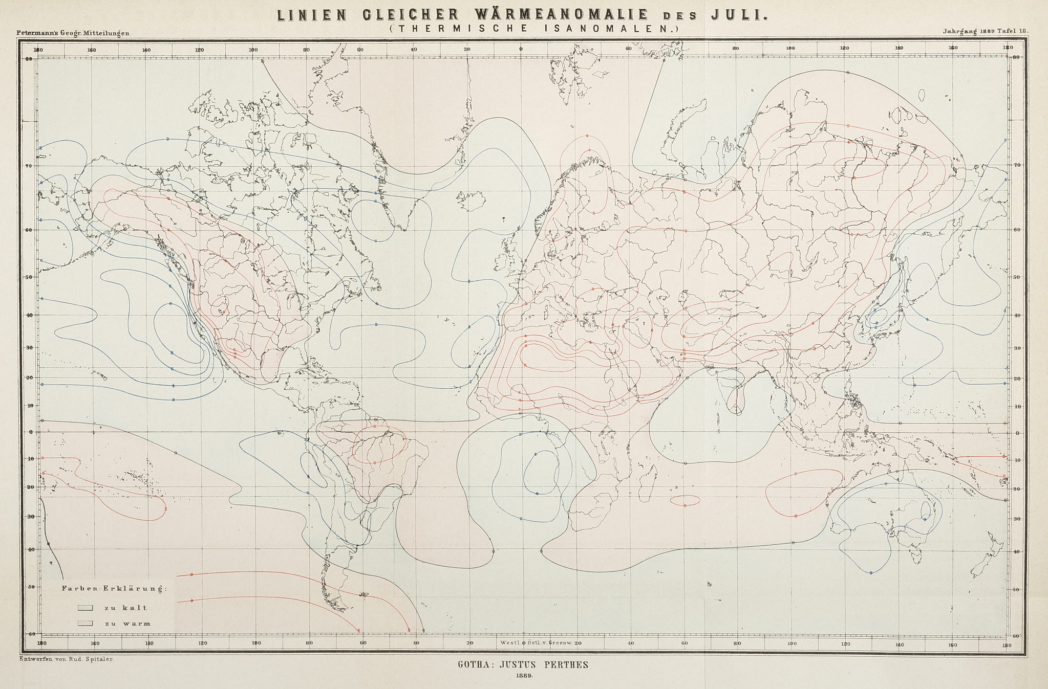 Linien Gleicher Warmeanomalie des Juli. (Thermische Isanomalen.) - Antique Map from 1889