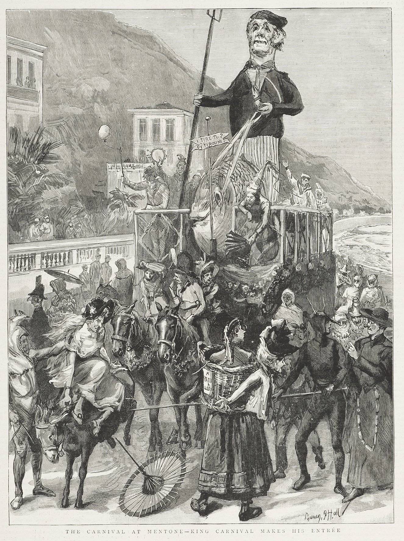 The Carnival at Mentone-King Carnival makes his entree - Antique Print from 1890