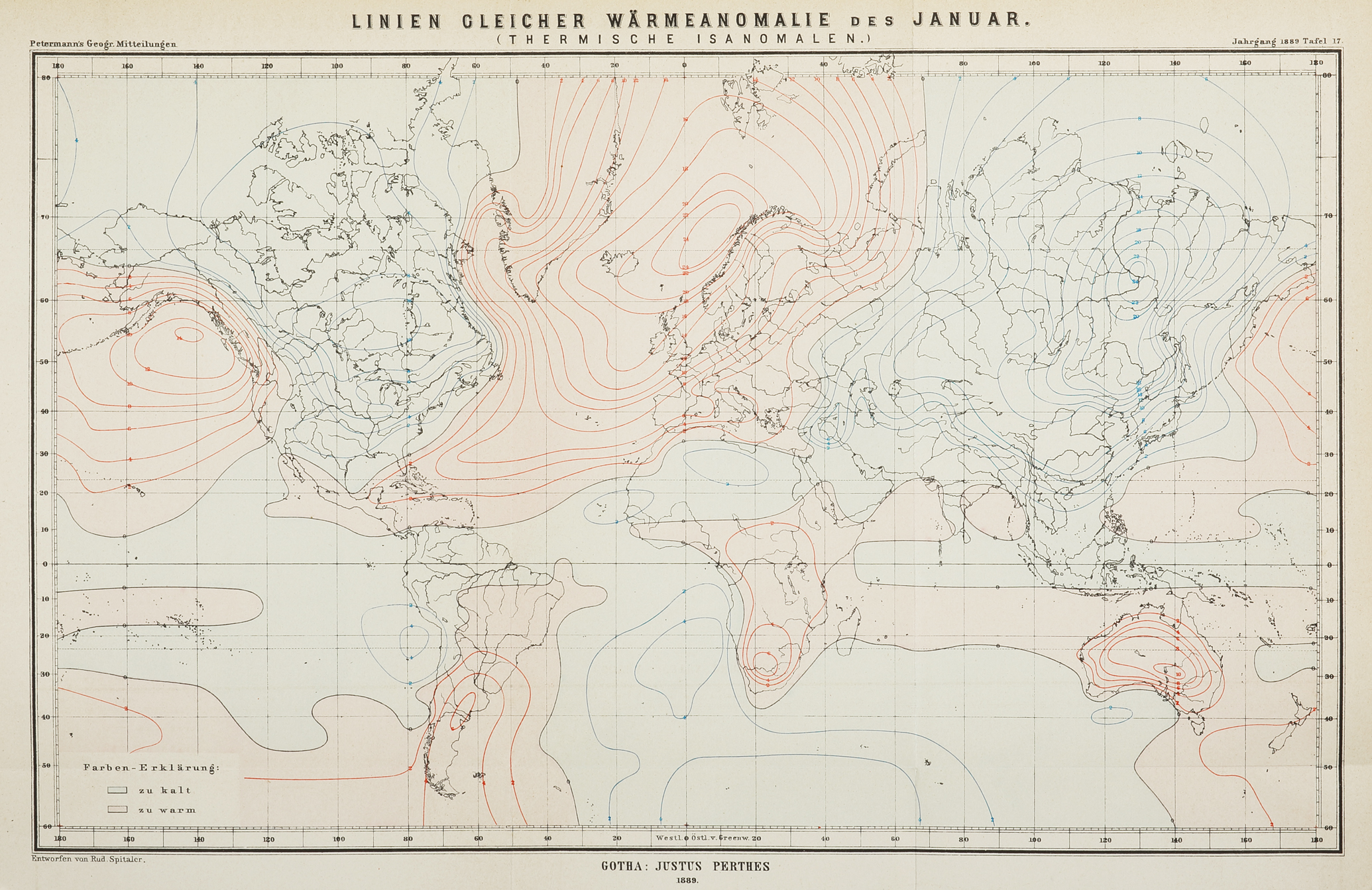 Linien Gleicher Warmeanomalie des Januar. (Thermische Isanomalen.) - Antique Map from 1889