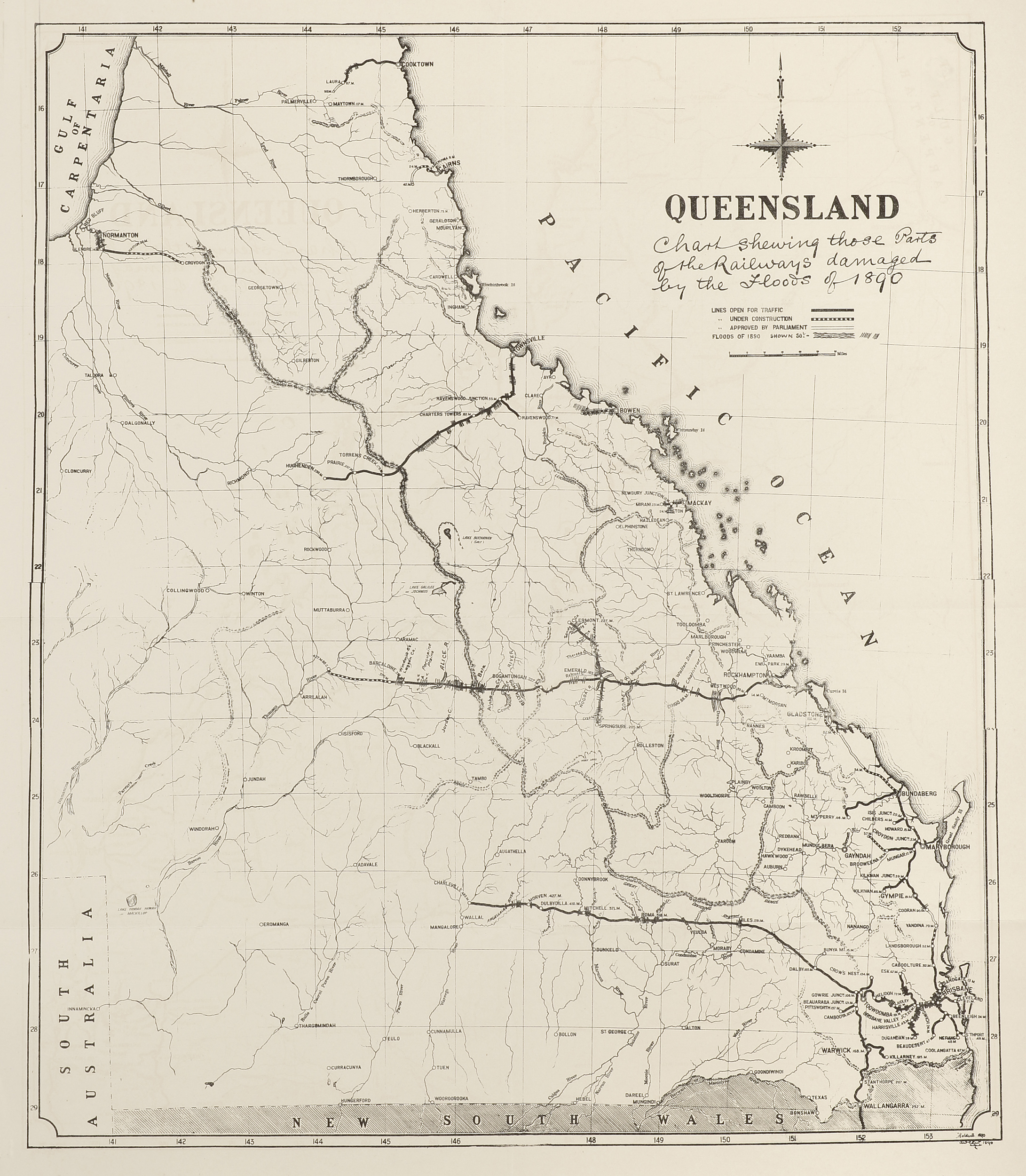 Queensland Chart Shewing those Parts of the Railways Damaged by the Floods of 1890. - Antique Map from 1890