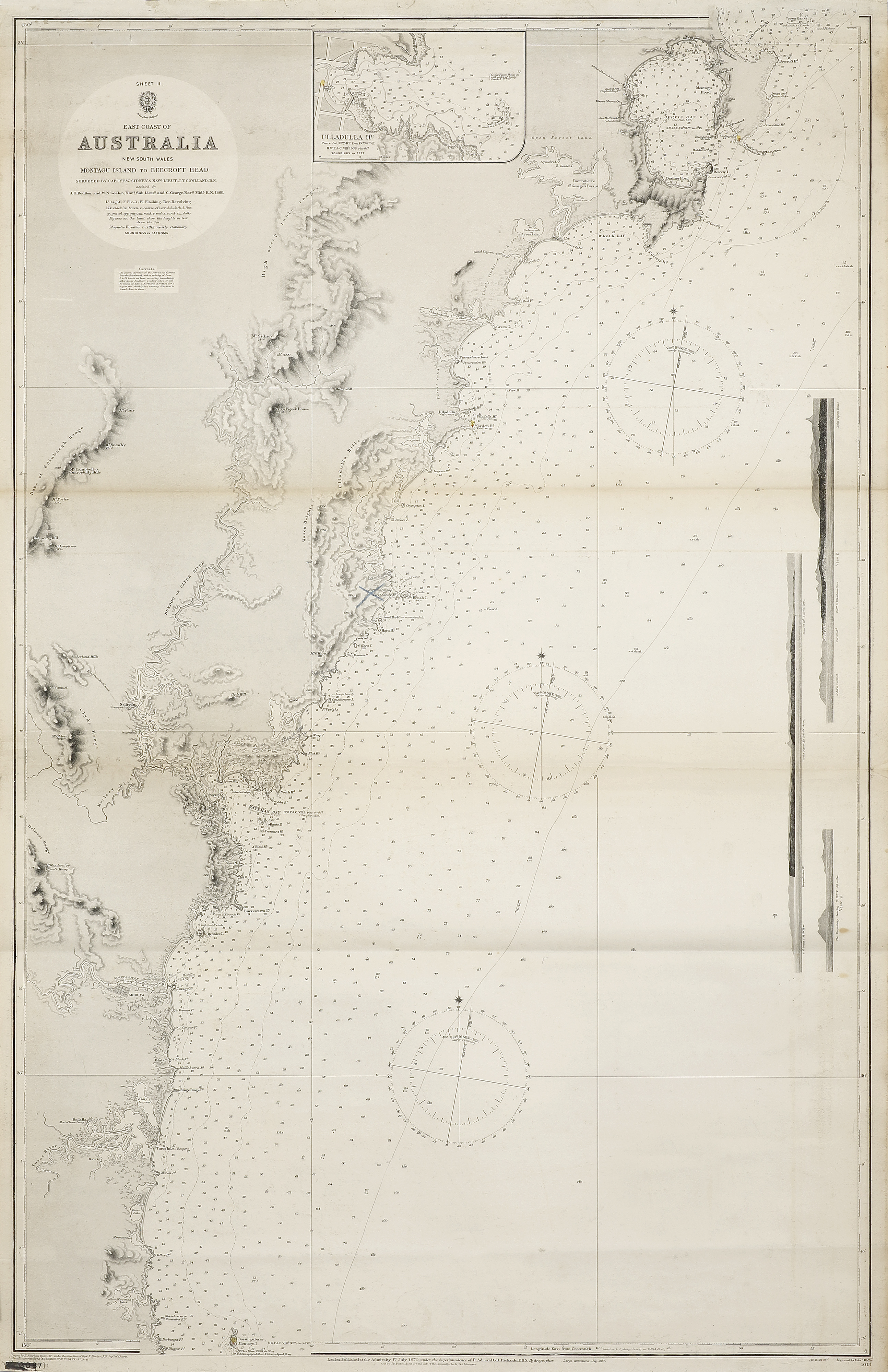 [AUSTRALIA-NSW] Montagu Island to Beecroft Head Surveyed by Captn. F.W.Sidney & Navg.Lieut.J.T.Gowlland R.N. assisted by J.G.Boulton and W.N.Goalen, Navg. Sub Lieut.s and C.George, Navg. Midn. R.N.1868. - Antique Map from 1870