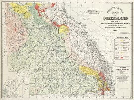 Water Supply Department / Map of Queensland Showing Positions of Artesian Borings and Other Perennial Springs also the Approximate Area of the Artesian Water Bearing Strata (As far as Present known to the Department) 1911.