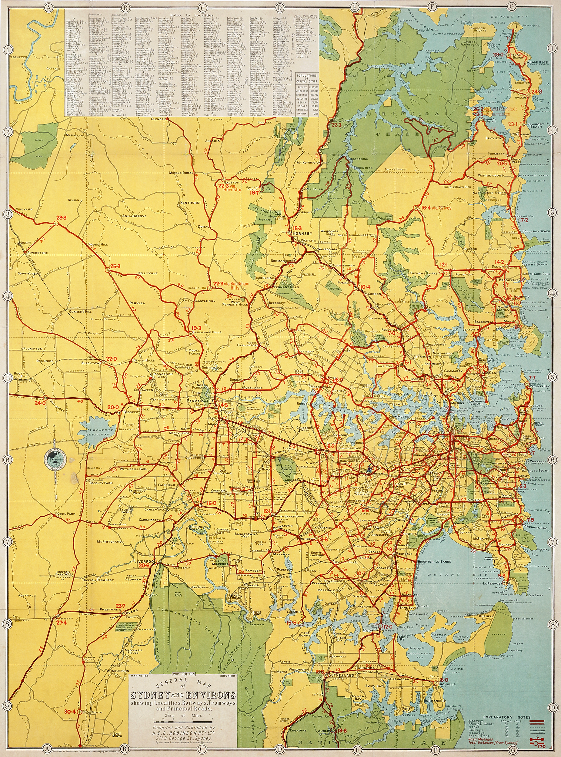 General Map of Sydney and Environs showing Localities, Railways, Tramways, and Principal Roads. - Vintage Map from 1958