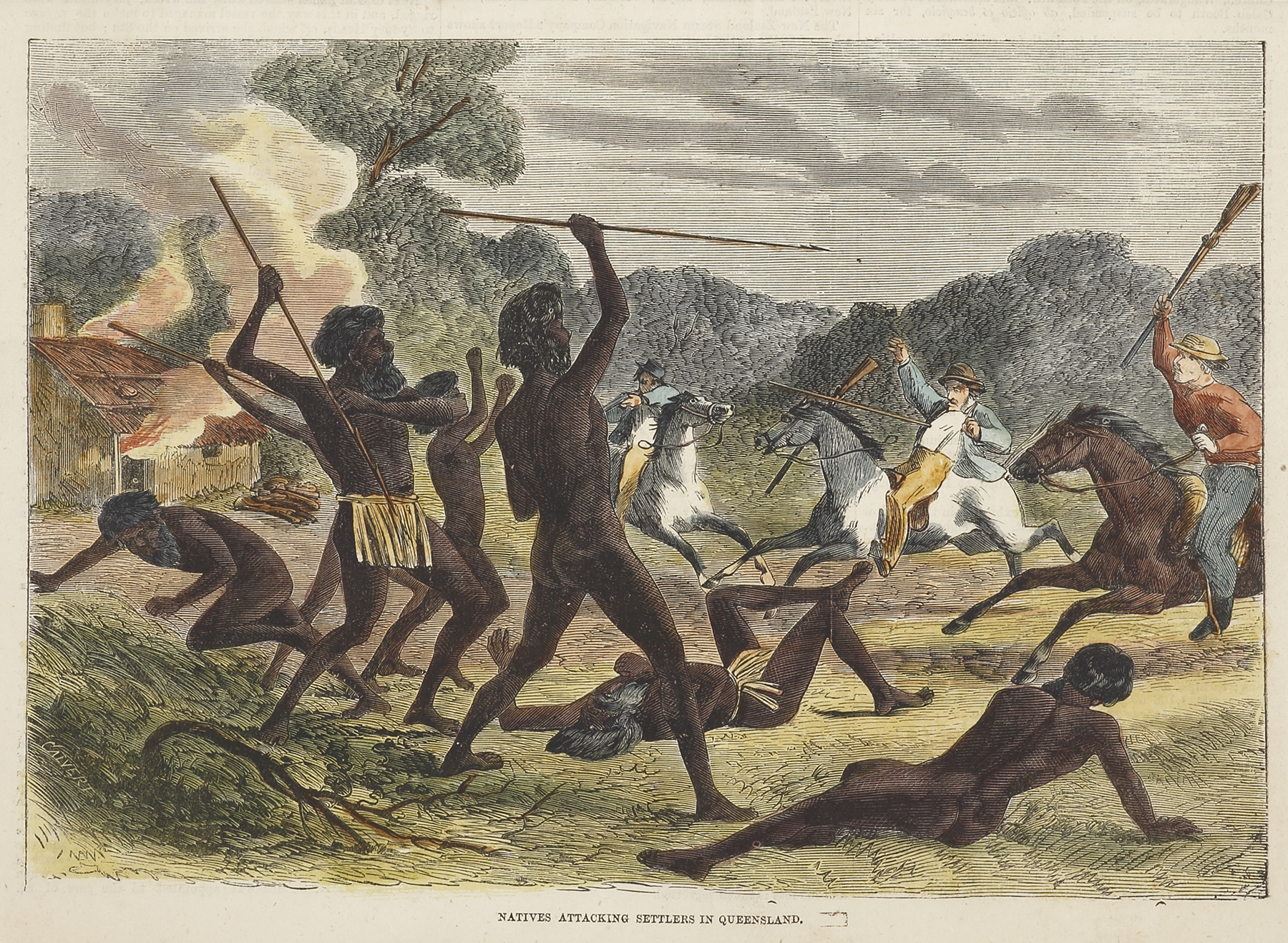 Natives Attacking Settlers in Queensland. - Antique Print from 1867