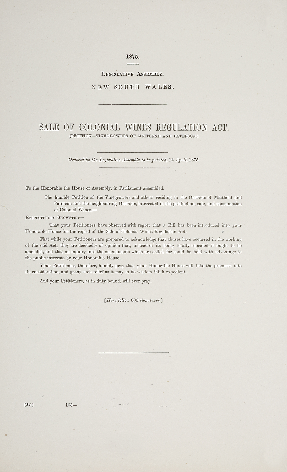 Sale of Colonial Wines Regulation Act. (Petition-Vinegrowers of Maitland and Paterson.) - Antique Ephemera from 1875
