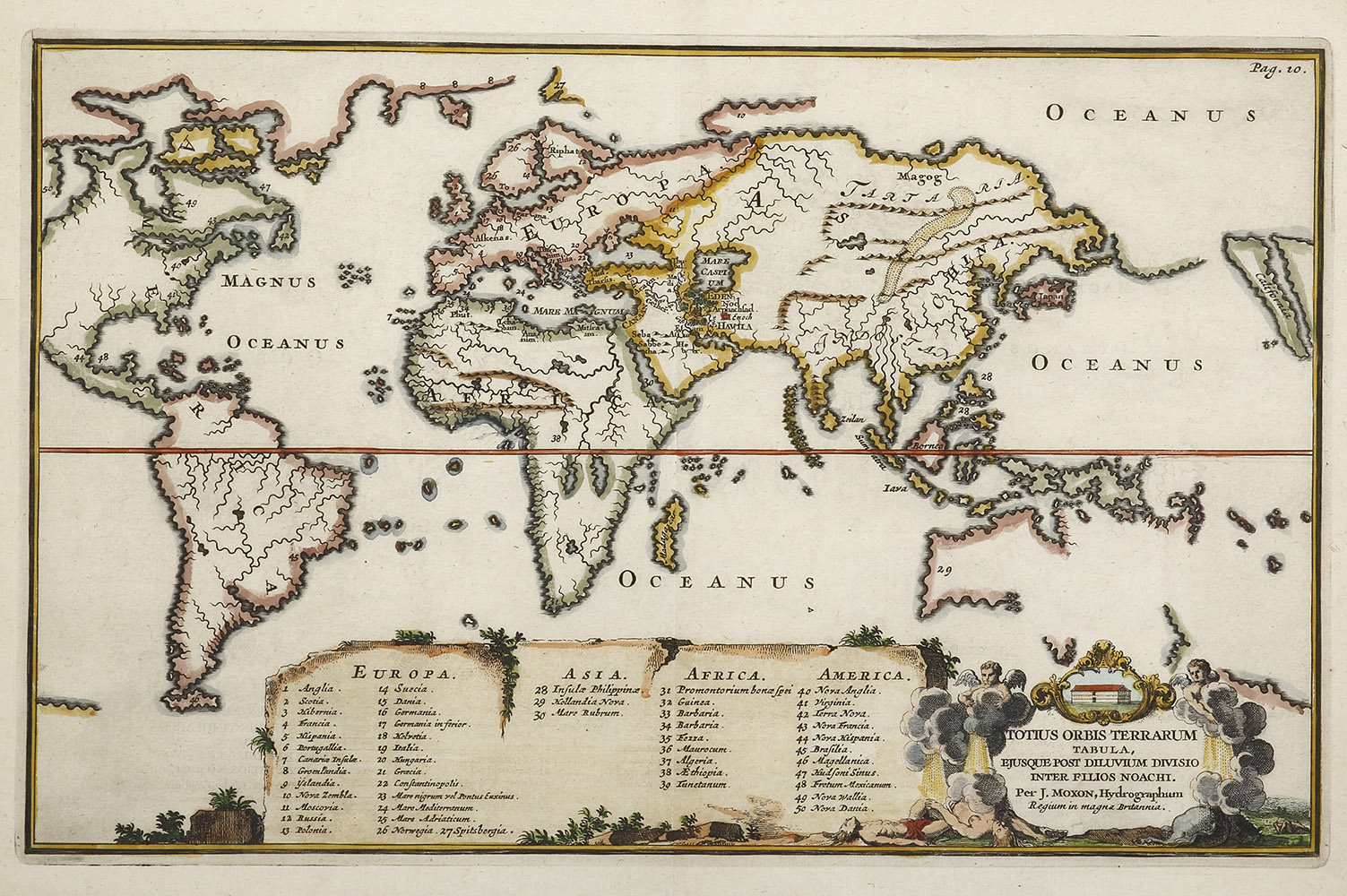 Totius Orbis Terrarum Tabula, Ejusque Post Diluvium Divisio Inter Filios Noachi. - Antique Map from 1671