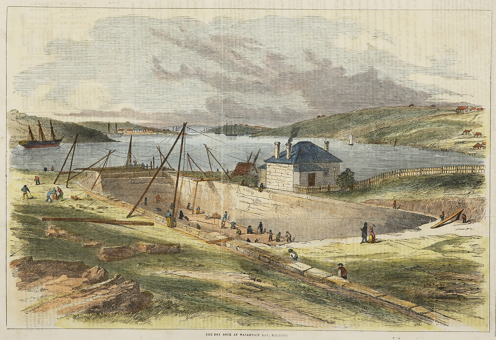 The Dry Dock at Waterview Bay, Balmain. Antique Print Map Room