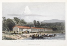 Part of the New Plymouth Settlements, in the District of Taranaki, New Zealand. Shewing the Range of Houses recently built by the Natives, in anticipation of the arrival of Emigrants Mount Egmont 30 miles distant.