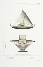 Archipel des Carolines. 1. Pros de Satawal 2. Plan du Pros 3. Pagaie 4. Gouvernail.