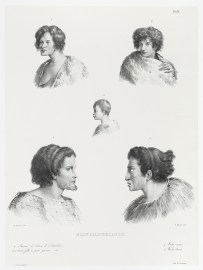 Nouvelle-Zelande. 1. Femme de l'Anse de l'Astrolabe 2. 3. Jeune fille at petit garcon id. 4. Tehi-noui. 5. Koki-hore.