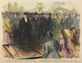 Laying the First Rail of the Adelaide and Glenelg Railway.